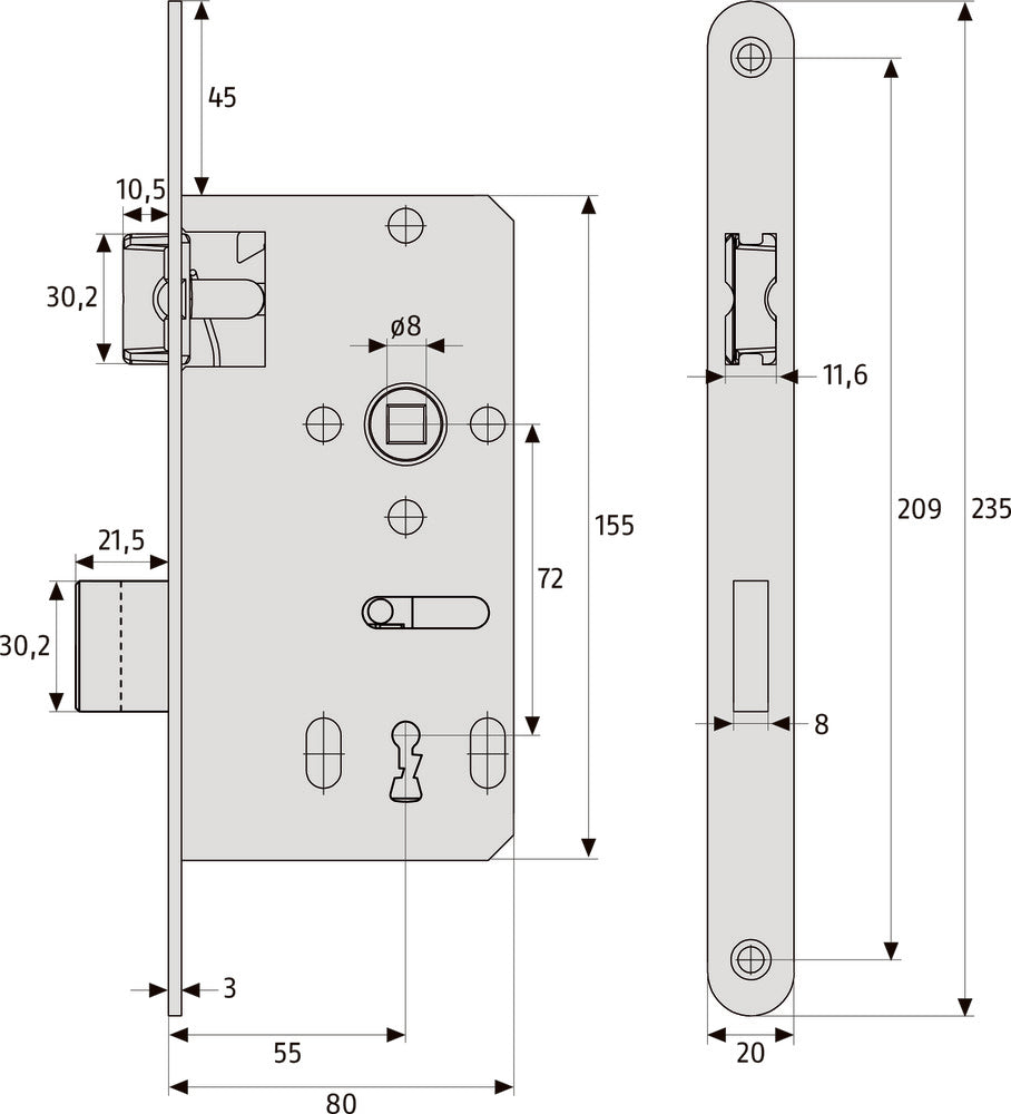 ABUS universal Einsteckschloss für Zimmertüren (DIN L/R)