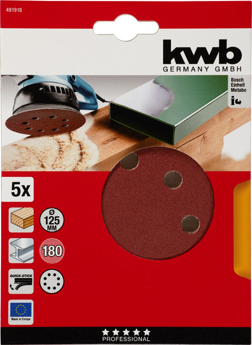 Haft-Schleifscheiben, HOLZ & METALL, Edelkorund, Ø 125 mm, gelocht, K 180 K180
