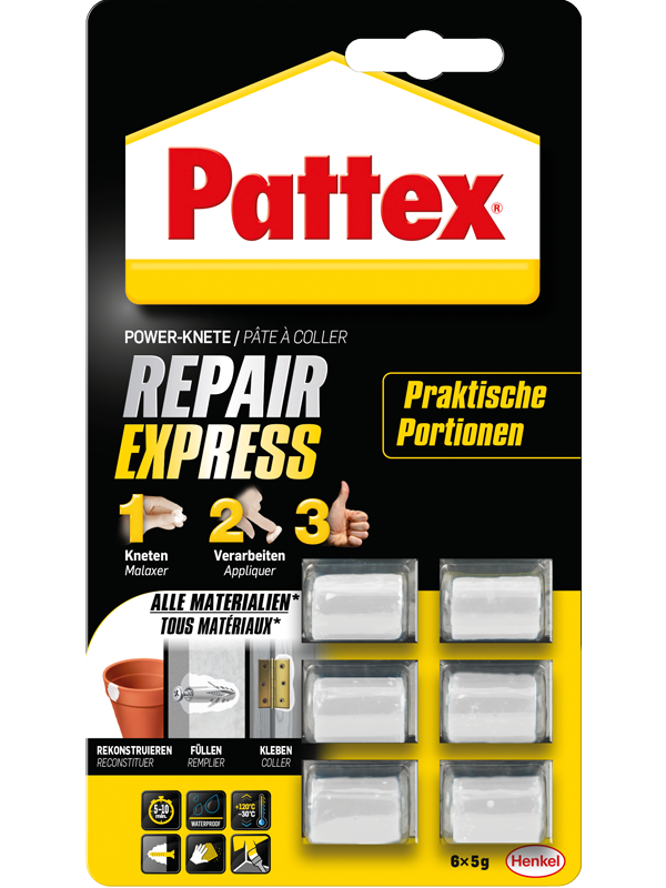 Pattex Repair Express Powerknete, Modelliermasse, Kraftknete, Knetmasse, weiß 6x5g