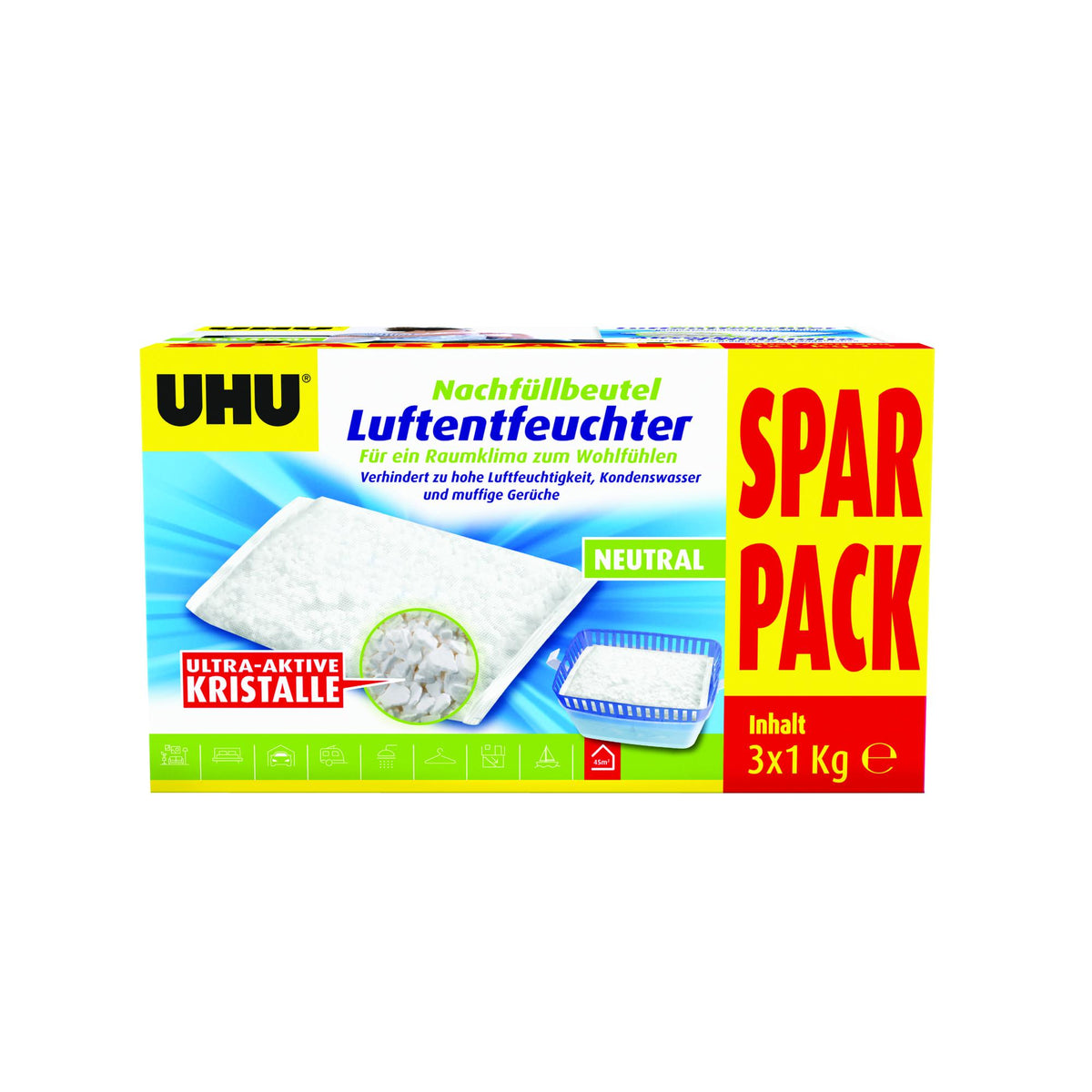 UHU Luftentfeuchter Original, Nachfüllbeutel 3 x 1kg Sparpack!
