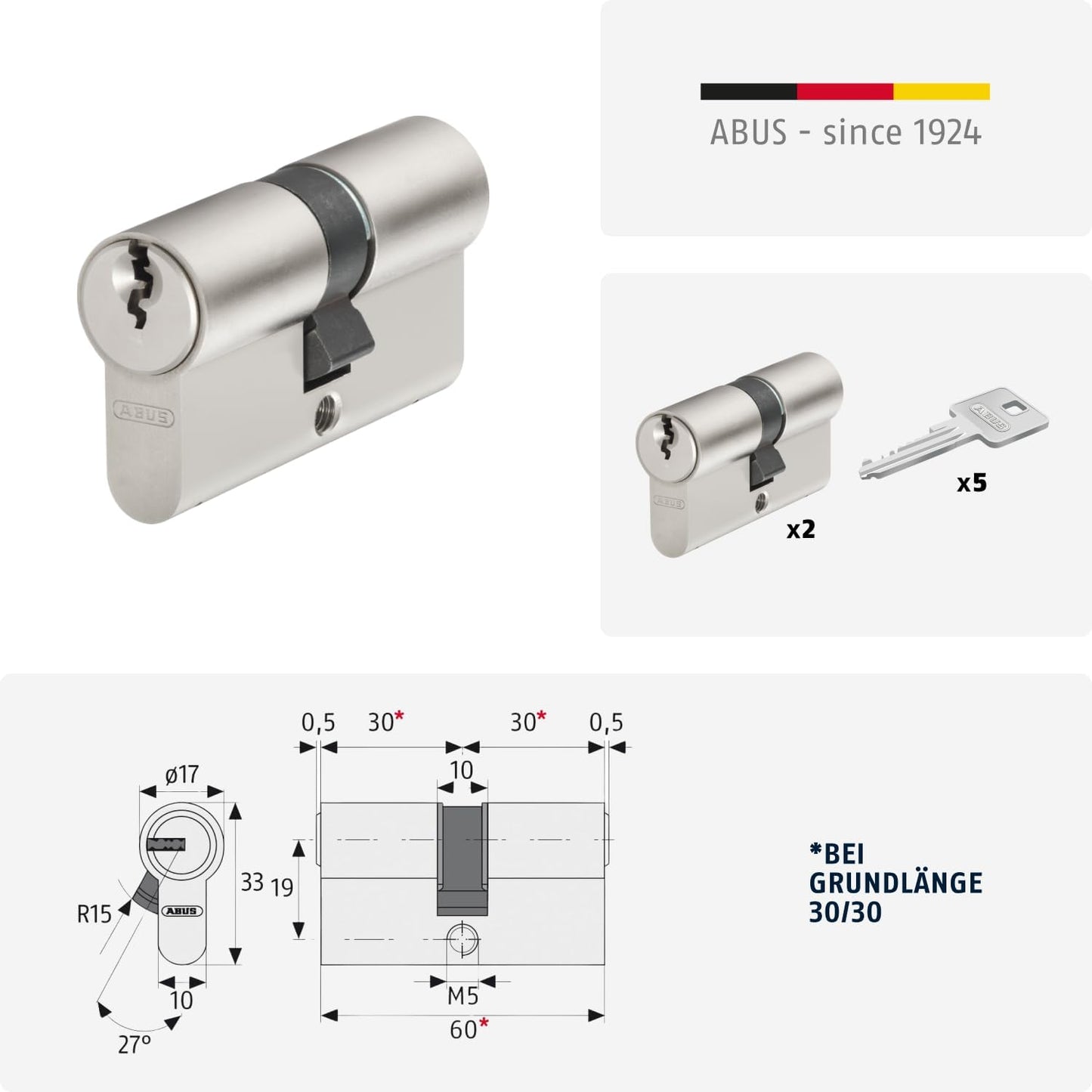 ABUS Profilzylinder-Set 30/30 2-Stück | 5 Schlüssel E20NP