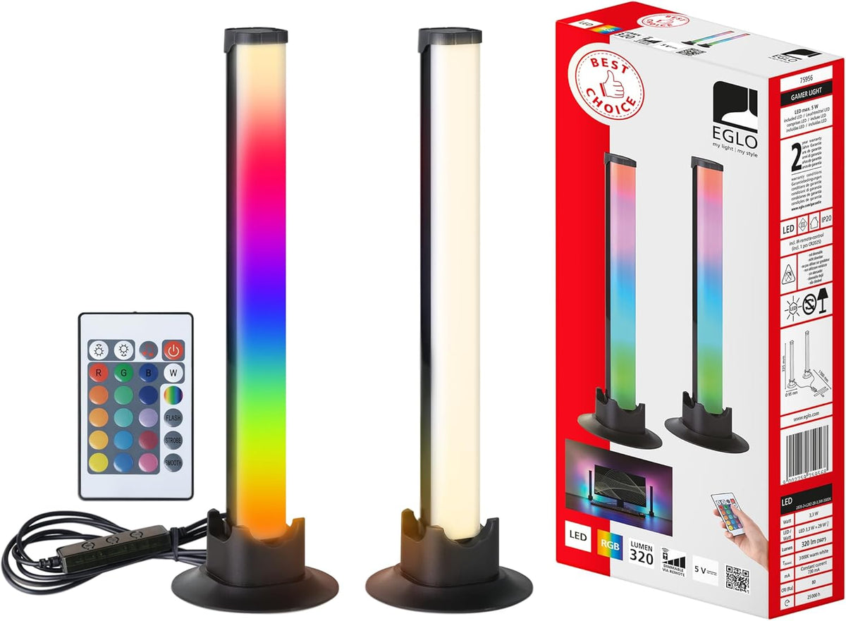 EGLO 2er Set LED Leuchten Gaming Zimmer, bunte Tischlampen mit Lichteffekten