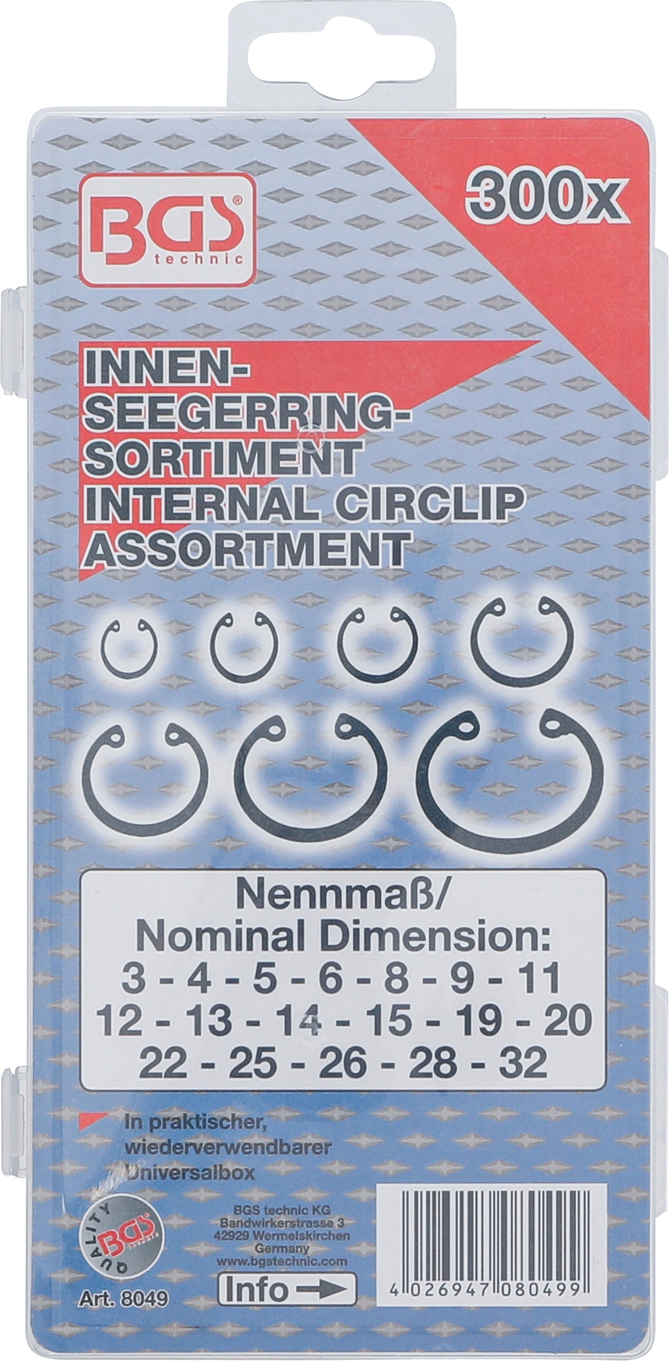 BGS Innen-Seegerring-Sortiment (Sprengringe) | Ø 3 - 32 mm | 300 teilig