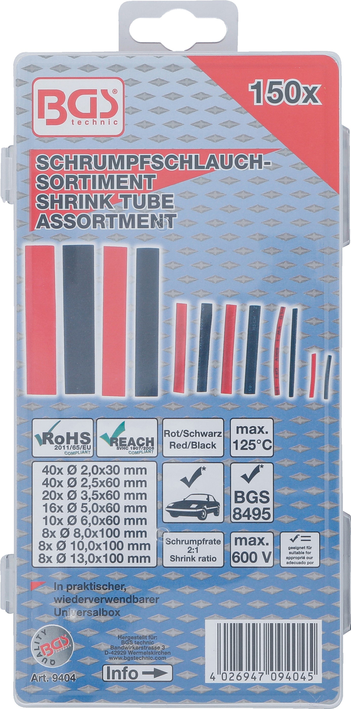 BGS Schrumpfschlauch-Sortiment | rot/schwarz | 150 teilig