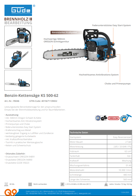 Güde Benzin Kettensäge Motorsäge KS 500-62 | 3,9 PS | 50 cm Schwert
