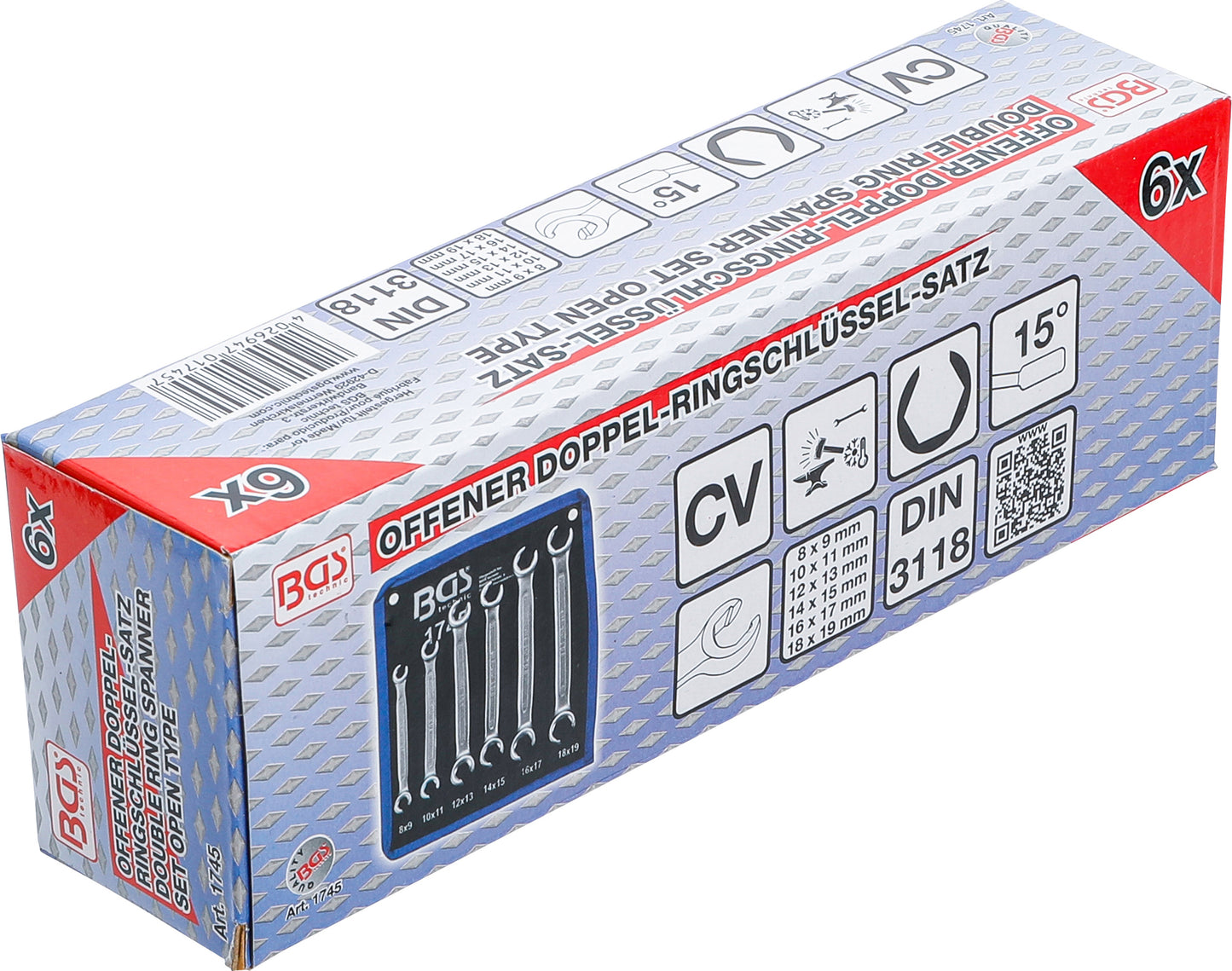 BGS Offener Doppel-Ringschlüssel-Satz | SW 8x9 - 18x19 mm | 6-teilig