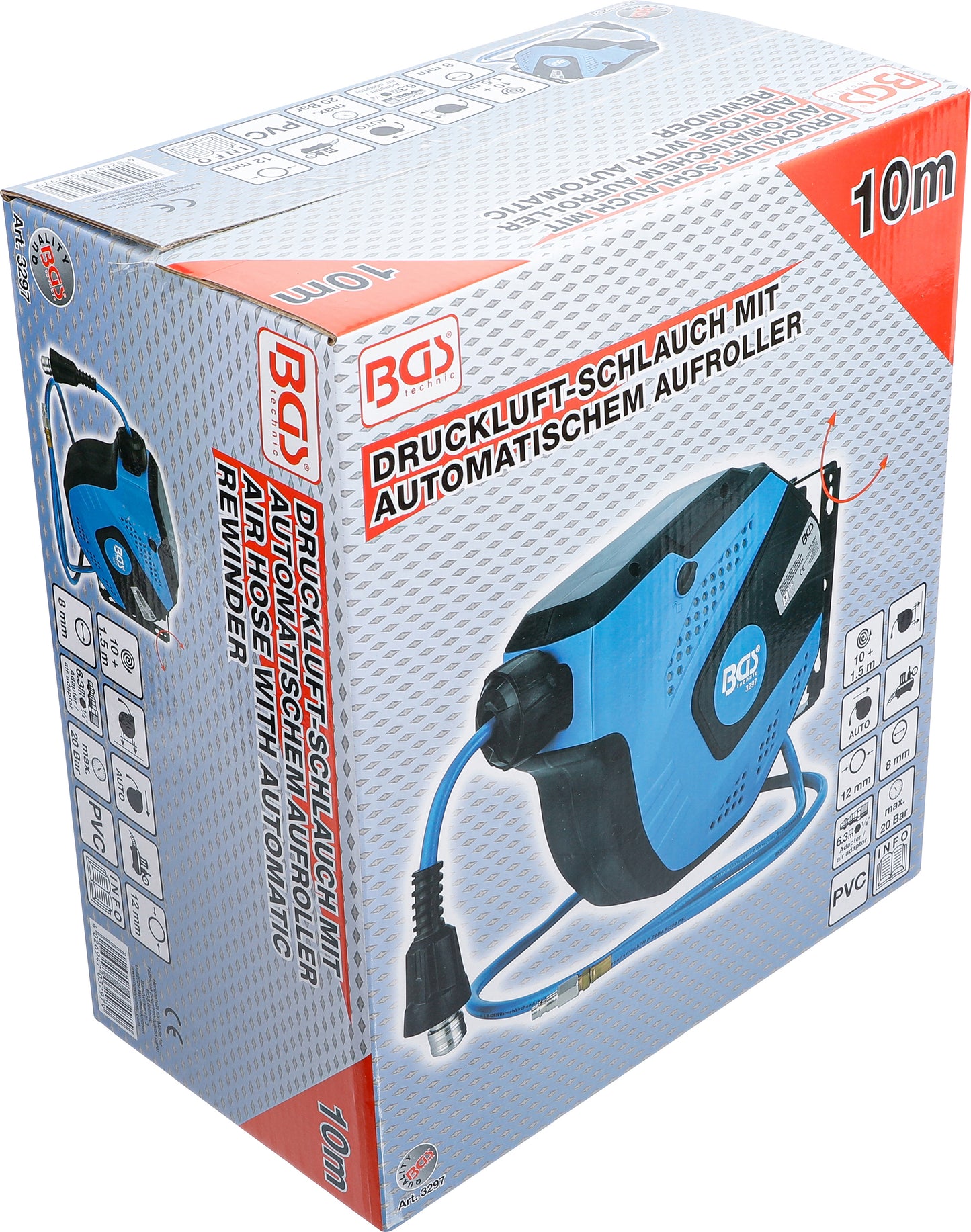 BGS AUTOMATIK DRUCKLUFT SCHLAUCH AUFROLLER 10m SCHLAUCHTROMMEL DRUCKLUFTTROMMEL Betriebsdruck max.	20 bar
Bruttogewicht	4632 g
Druckluftanschluss	1/4 "
Innendurchmesser	8 mm
Material Schlauch	PVC-Gewebe Schlauchlänge 10 m