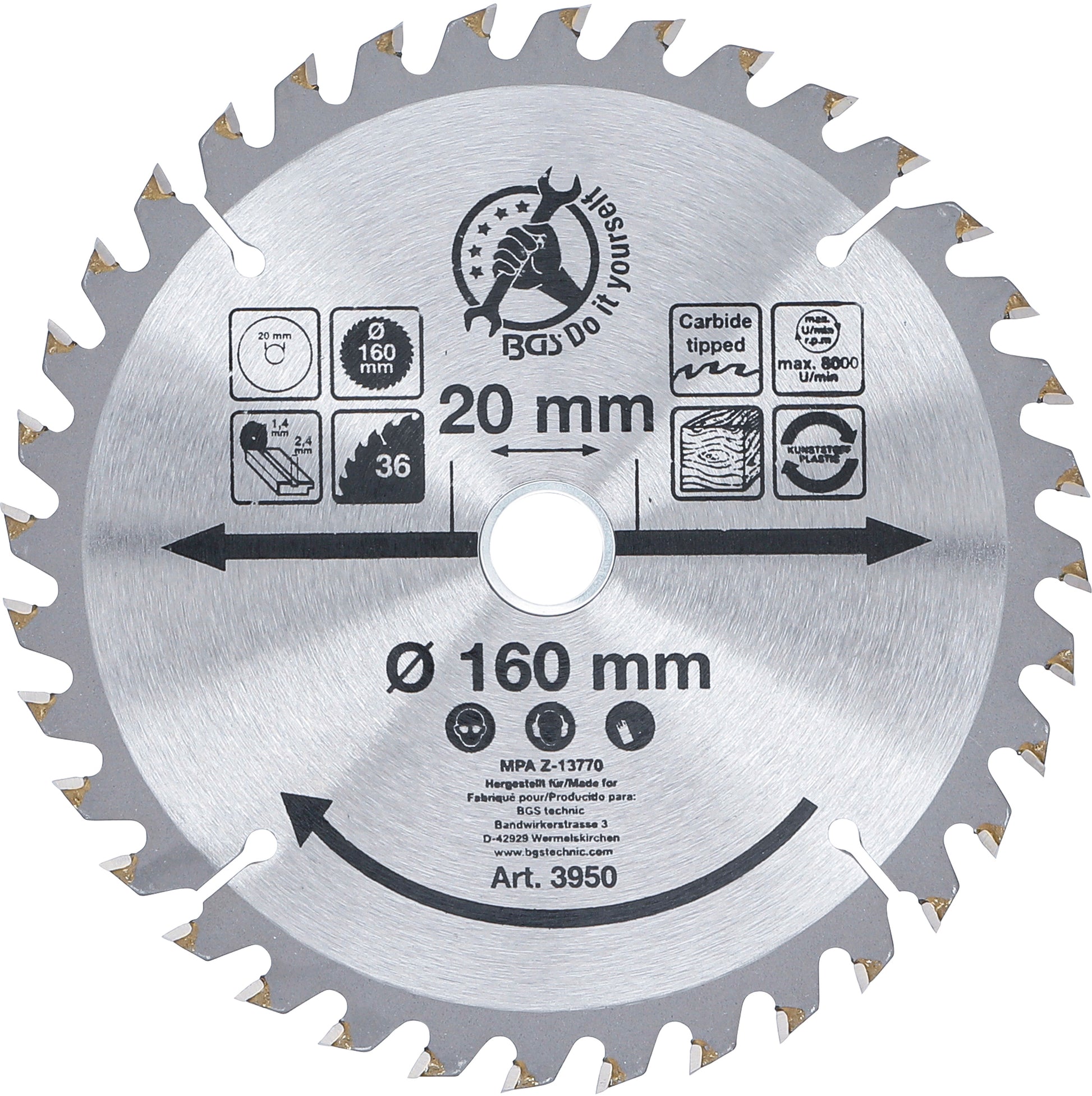 BGS Hartmetall-Kreissägeblatt | Ø 160 x 20 x 2,4 mm | 36 Zähne