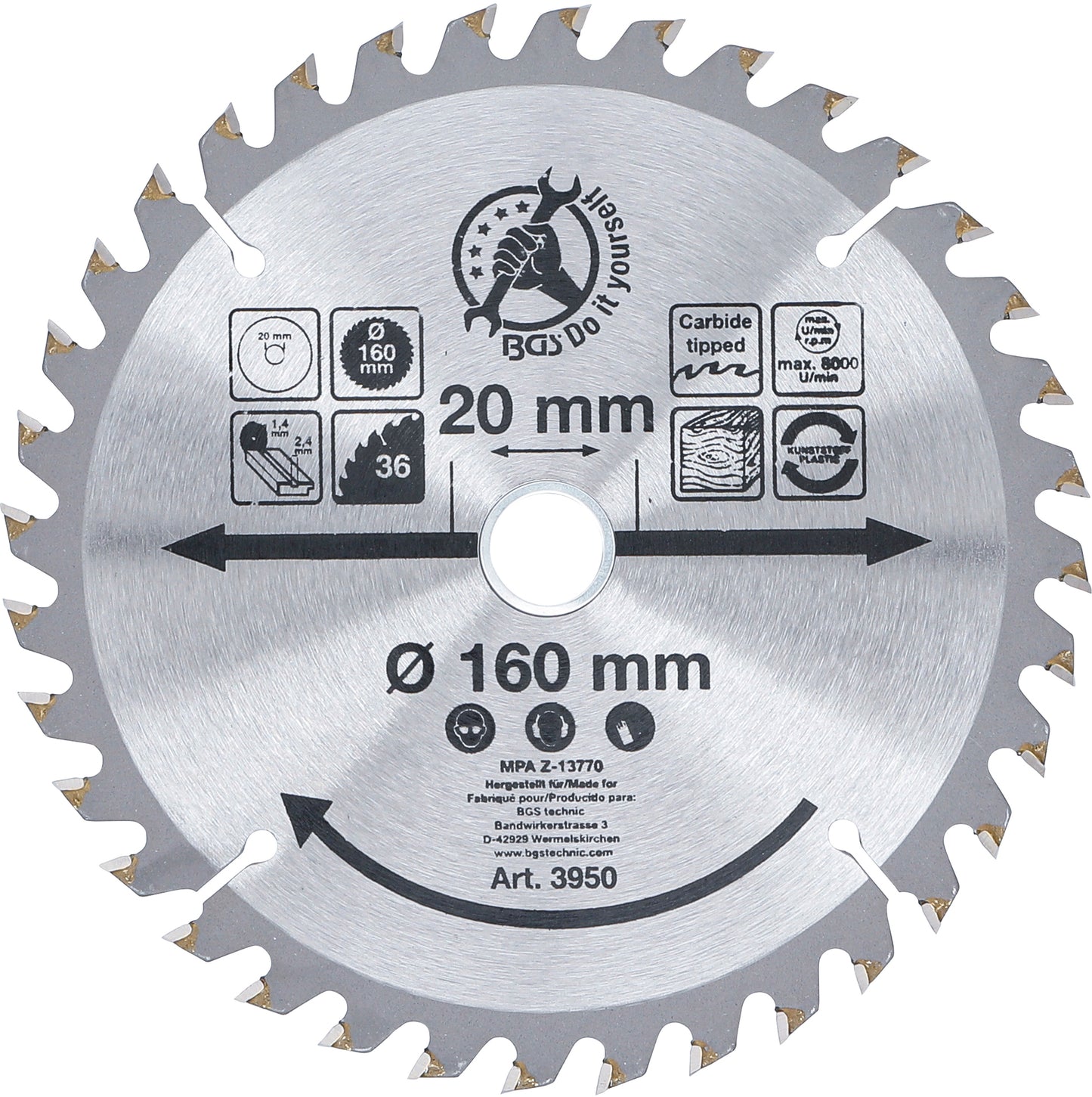 BGS Hartmetall-Kreissägeblatt | Ø 160 x 20 x 2,4 mm | 36 Zähne