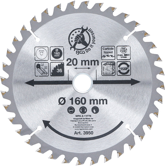 BGS Hartmetall-Kreissägeblatt | Ø 160 x 20 x 2,4 mm | 36 Zähne