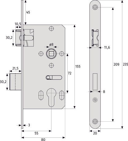 ZT-Einsteckschloß DIN R + L ESK PZ2 universal S