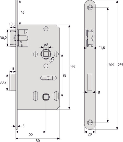 ABUS universal Einsteckschloss für WC-Türen (DIN L/R)