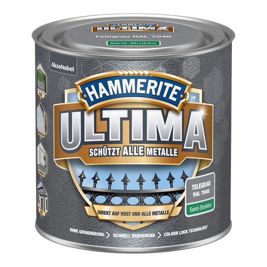 Hammerite Ultima Metallschutzlack mit Sandstruktur 250ml | Telegrau RAL7046 