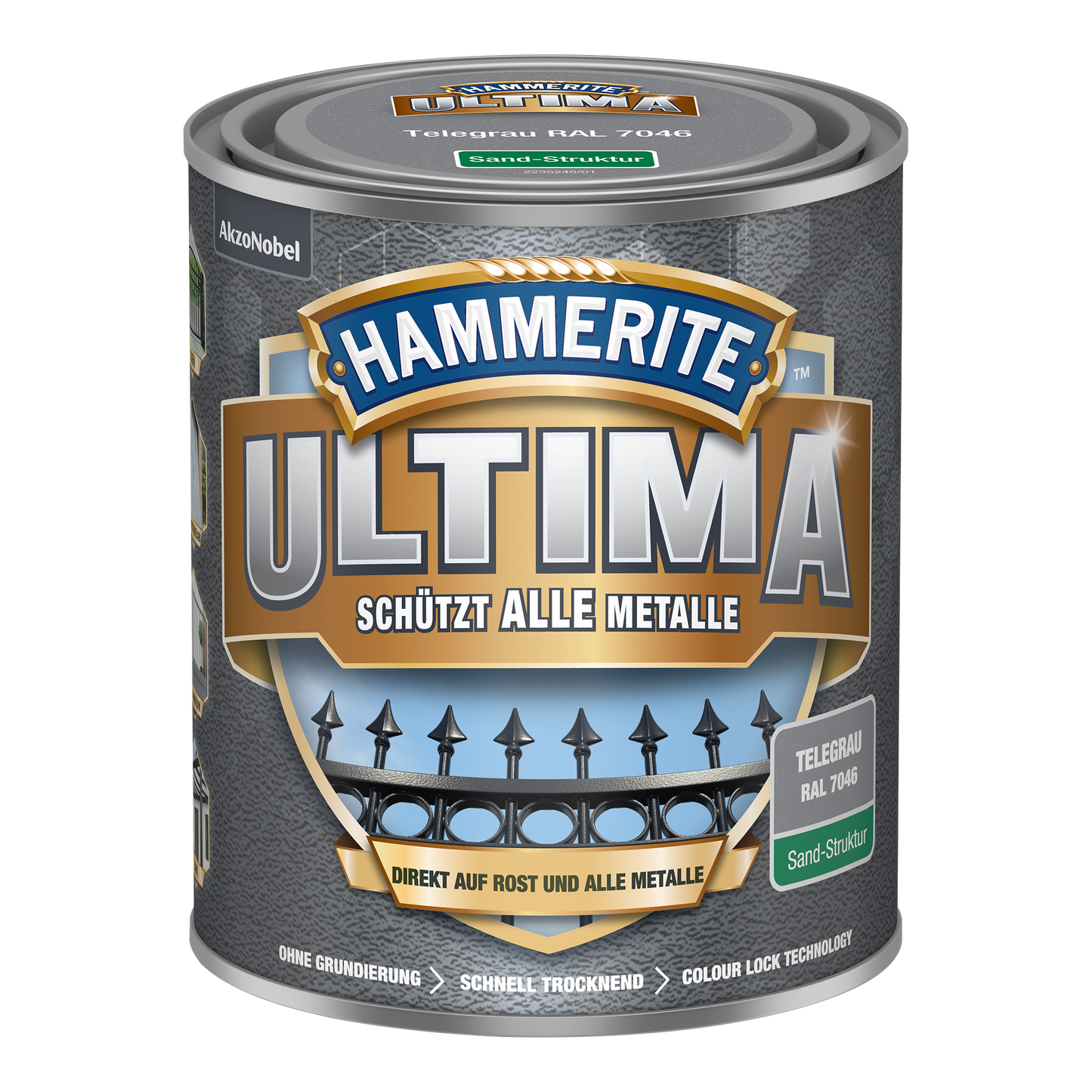 Hammerite Ultima Metallschutzlack mit Sandstruktur 750ml | Telegrau RAL7046