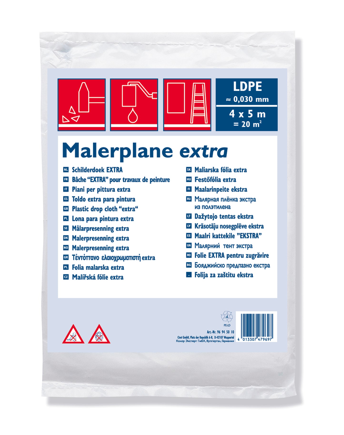 Malerplane LDPE 30my 20m² 20m² = 4x5m 4 x 5 m = 20 m2, 30 my