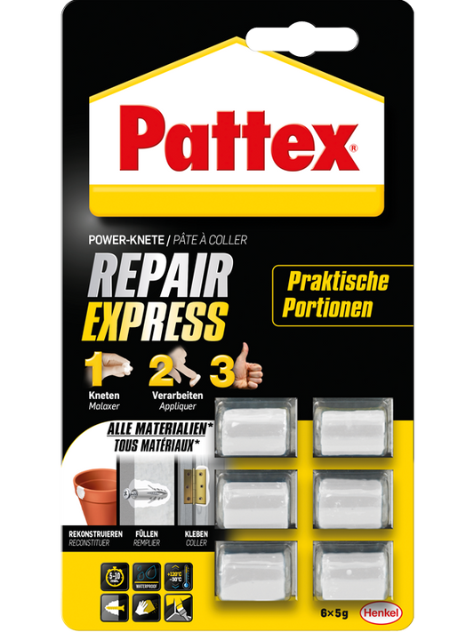 Pattex Repair Express Powerknete, Modelliermasse, Kraftknete, Knetmasse, weiß 6x5g