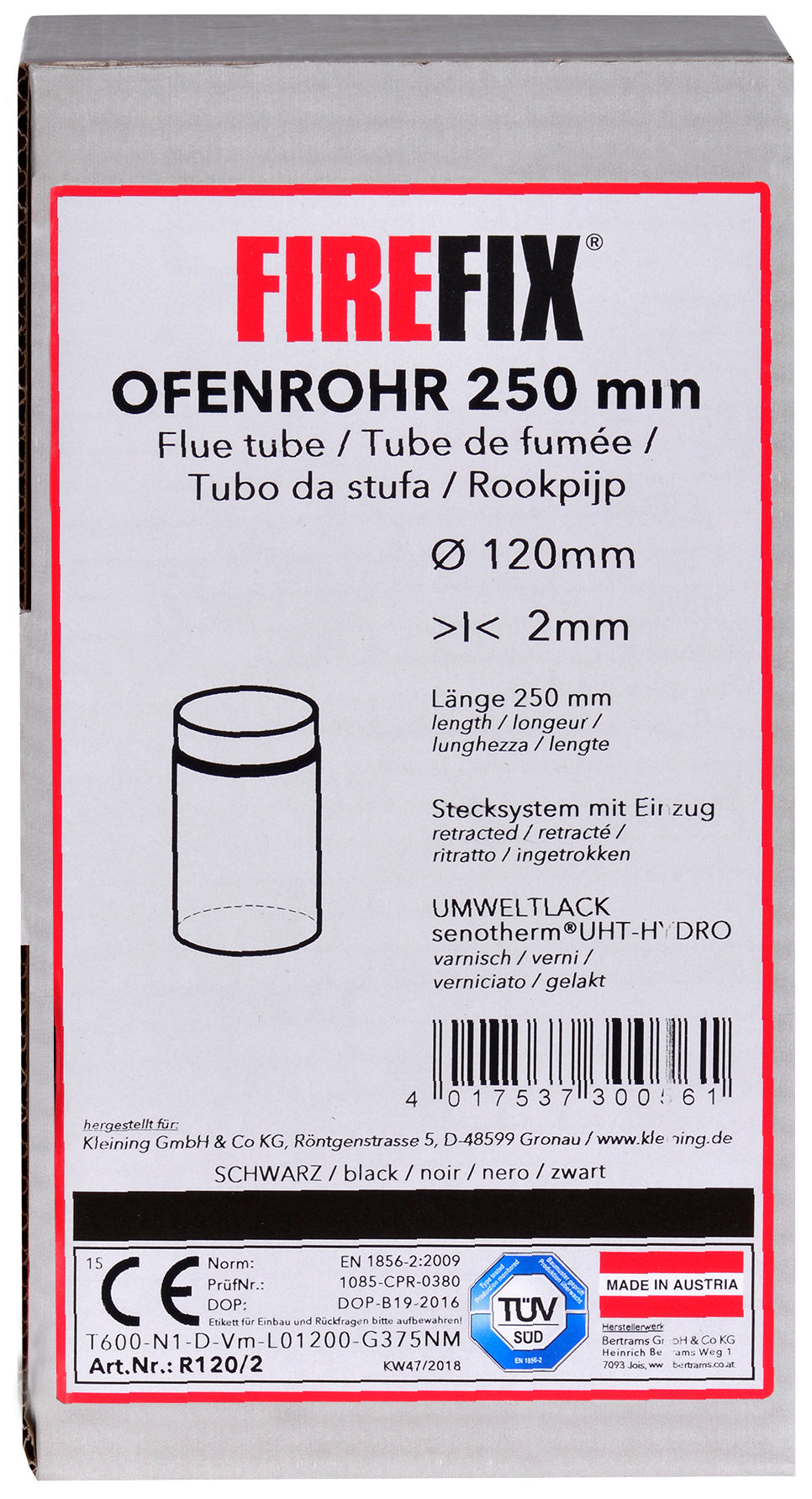 Rauchrohr ø 120 mm, 250 mm lang, schwarz