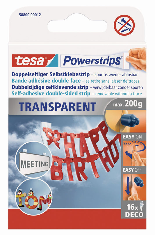 tesa® Powerstrips DECO, transparent, bis 200g, Packung mit 16 Strips