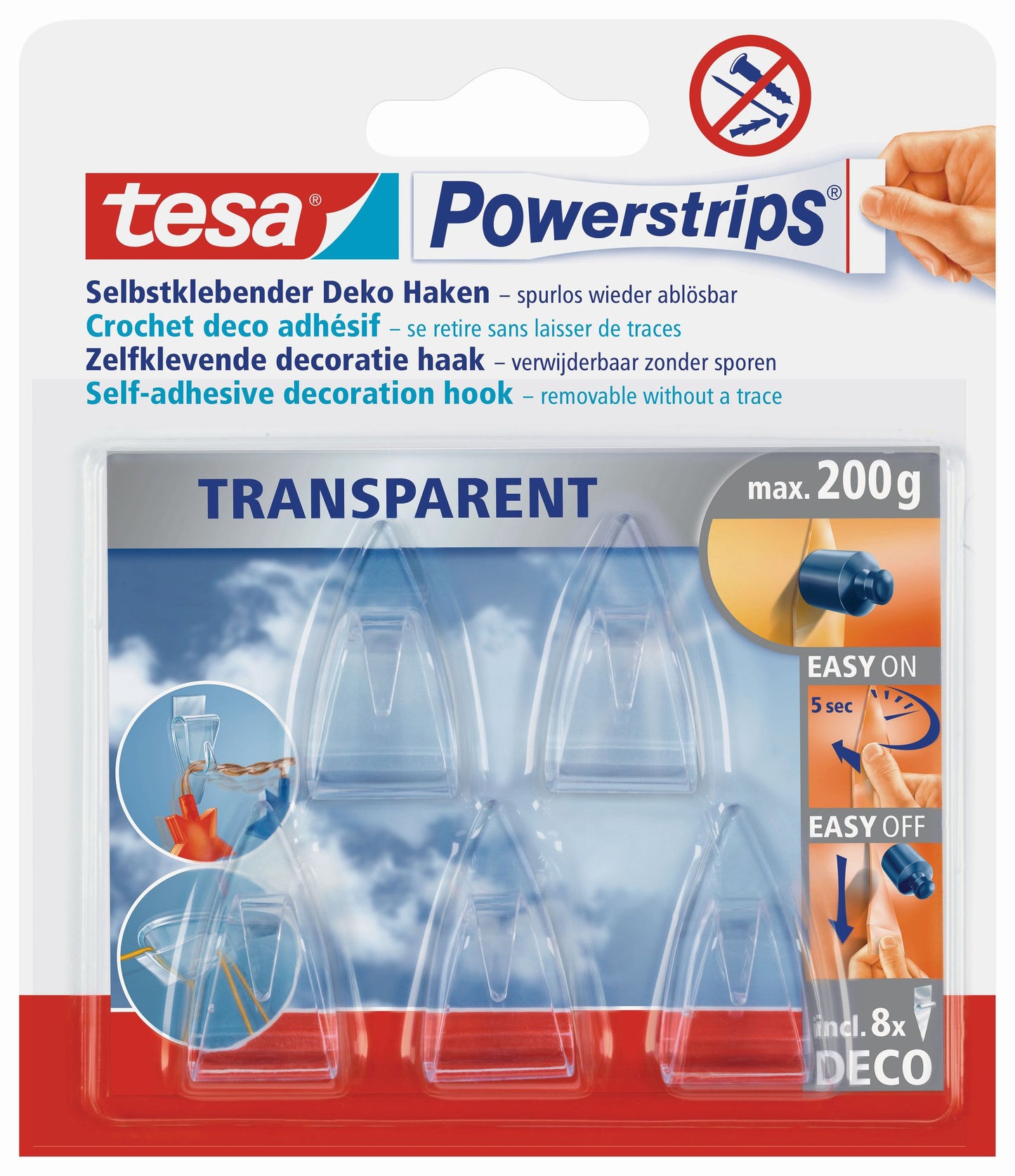 tesa® Powerstrips Haken transparent | max. 200g | 5 Haken