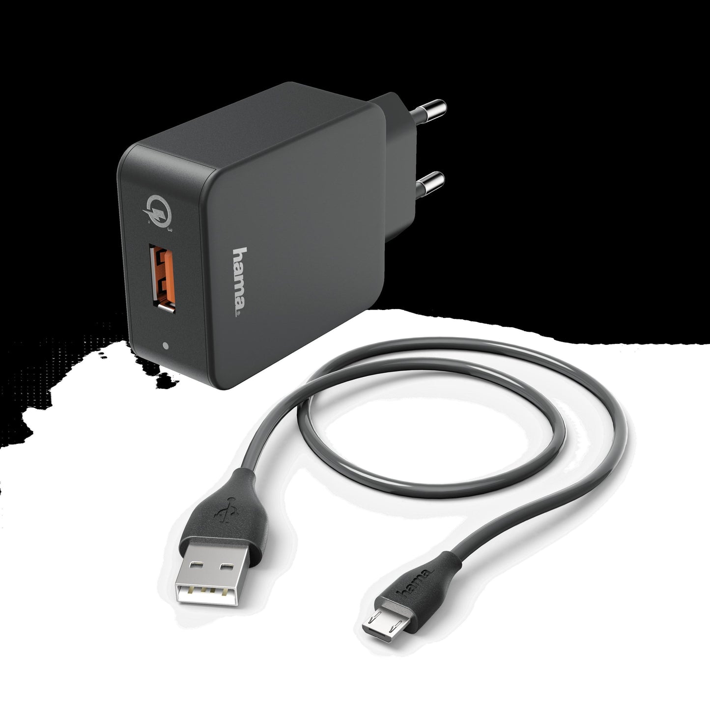 Ladeset, Micro USB, 3 A, Ladegerät QC 3.0 + Micro-USB-Kabel, 1,5 m, Schwarz Ladegerät + Micro-USB-Kabel