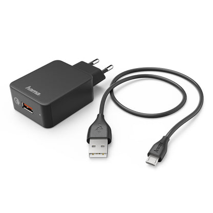 Ladeset, Micro USB, 3 A, Ladegerät QC 3.0 + Micro-USB-Kabel, 1,5 m, Schwarz Ladegerät + Micro-USB-Kabel