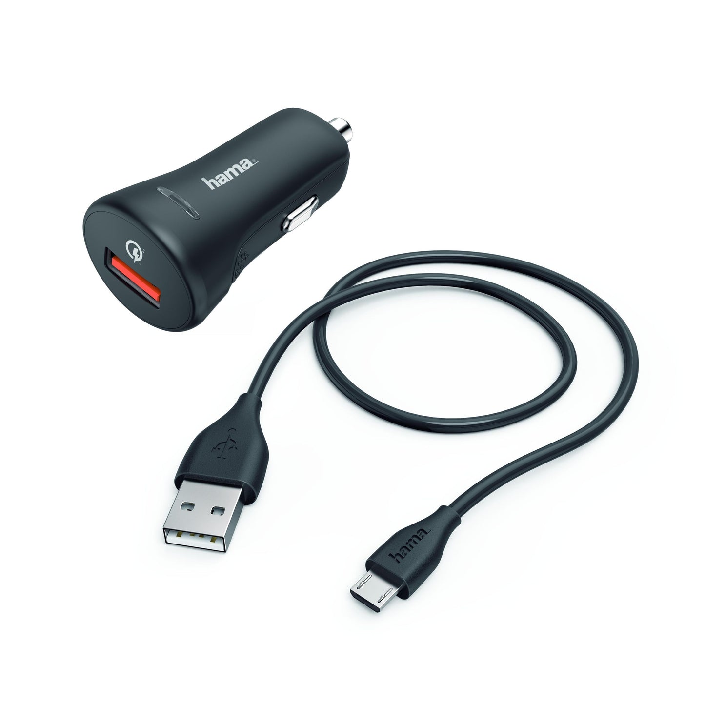 Kfz-Ladeset, Micro USB, 3A, Ladegerät QC3.0 + Micro-USB-Kabel, 1,5 m, Schw. Micro-USB-Kabel, 1,5 m