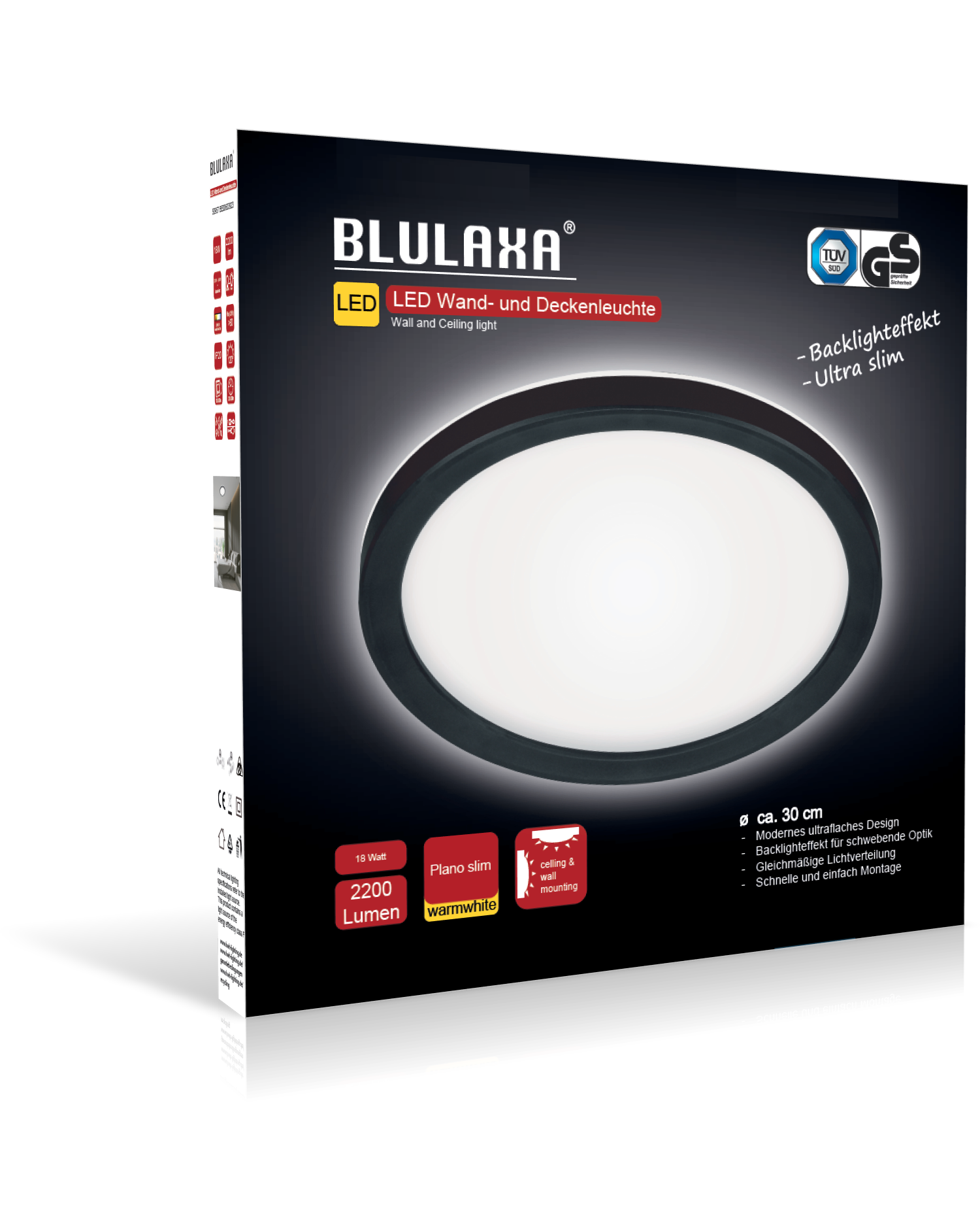 LED WD Plano Slim 18W 2200lm 3000K Ring sw Backlight Ø30cm