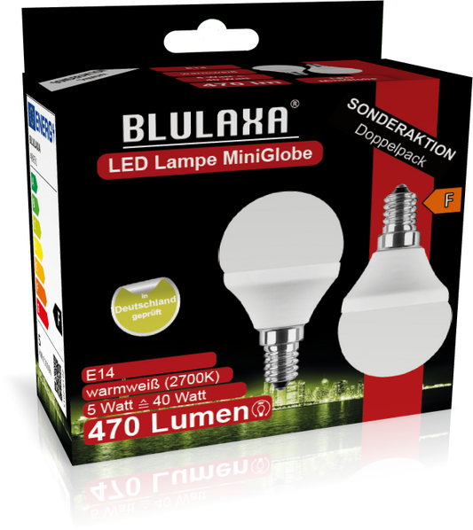 BLULAXA LED-MiniGlobe Lampe E14 470lm | ersetzt 40W (warmweiß) 2er Set