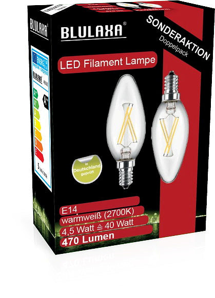 BLULAXA LED-Kerzenlampe E14 470lm | ersetzt 40W (warmweiß) 2er Set