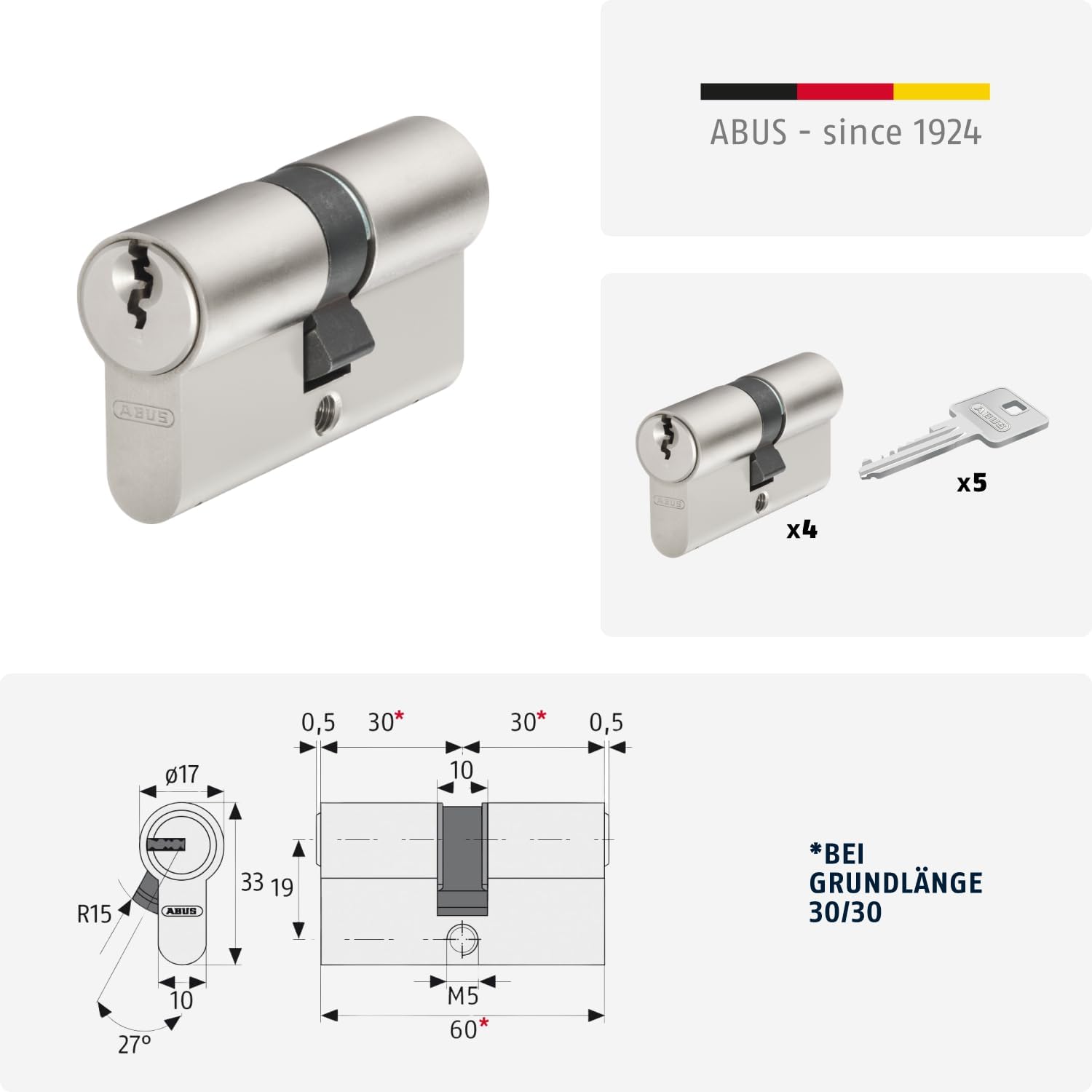ABUS Profilzylinder-Set 30/30 4-Stück | 5 Schlüssel E20NP