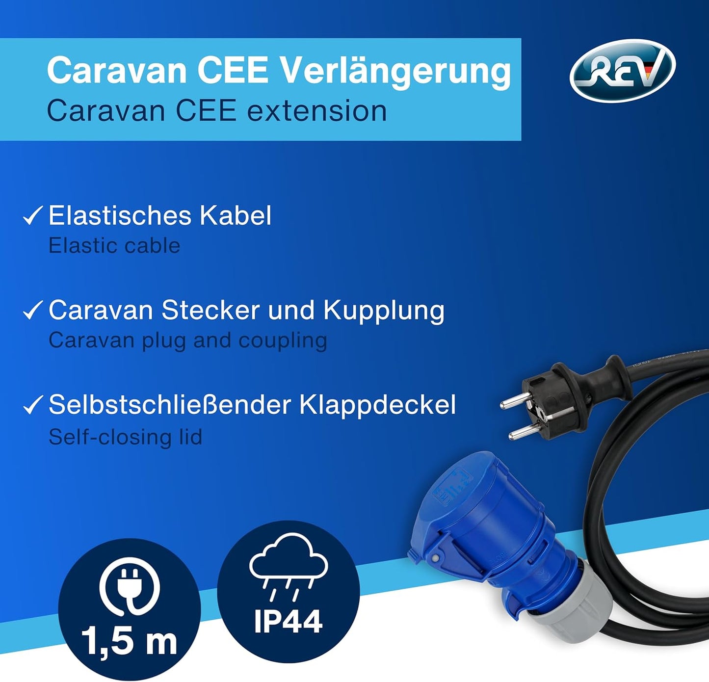 REV Caravan Adapter | Schutzkontaktstecker und CEE-Kupplung | IP44 | 1,5m | 3500W | schwarz