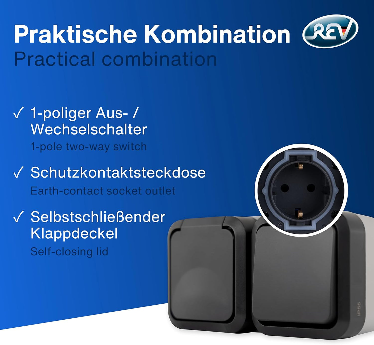REV Wechselschalter + Steckdose Aufputz | IP55