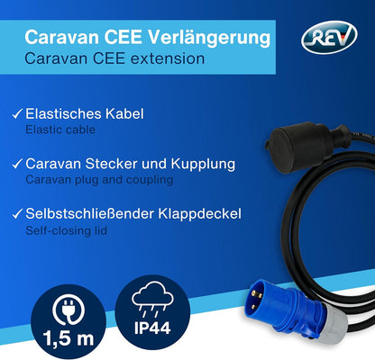 REV Caravan Adapter | Schutzkontaktkupplung und CEE-Stecker | IP44 | 1,5m | 3500W | schwarz