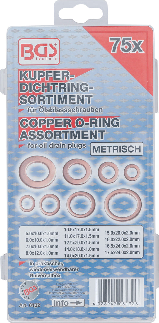 BGS Dichtring-Sortiment | Kupfer | für Öl-Ablassschrauben | 75 teilig