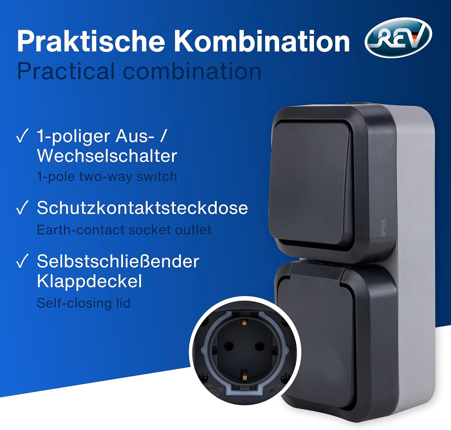 REV Wechselschalter + Steckdose Aufputz | IP55