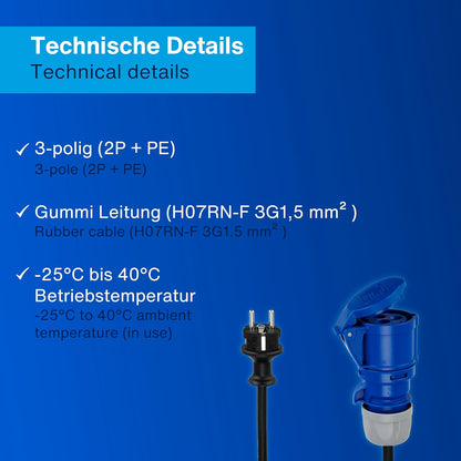 REV Caravan Adapter | Schutzkontaktstecker und CEE-Kupplung | IP44 | 1,5m | 3500W | schwarz