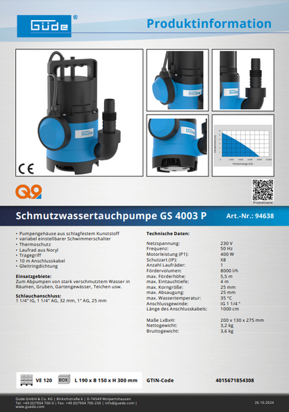 Güde Schmutzwasserpumpe Tauchpumpe Pumpe Schmutzwasser GS 4003 P - 94638