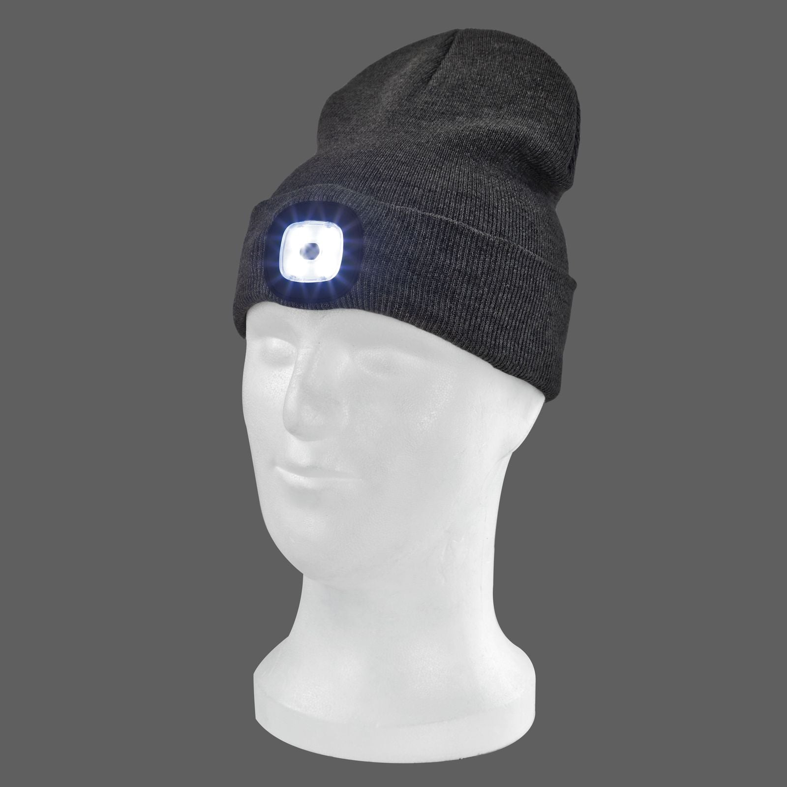 Strickmütze / Mütze grau mit LED Licht, 3-stufige Helligkeitsverstellung