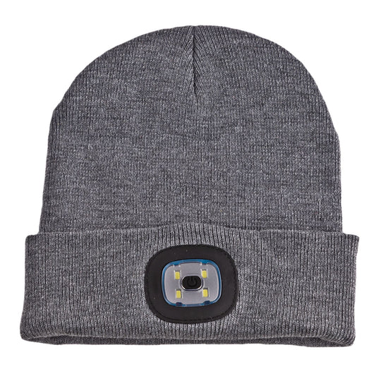 Strickmütze / Mütze grau mit LED Licht, 3-stufige Helligkeitsverstellung