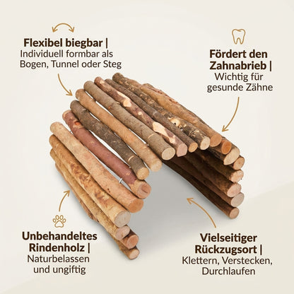 Nagerglück Flexible Holzbrücke für Kleintiere 50x30 cm, biegbare Nagerbrücke aus Rindenholz für Kaninchen, Meerschweinchen, Hasen, Hamster und Ratten, Klettersteg & Tunnel fürs Gehege - Position 2