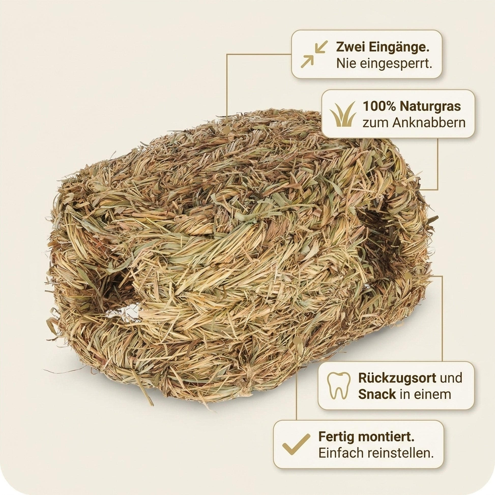 Nagerglück® Grashaus für Kaninchen & Meerschweinchen, zwei Eingänge, L 26 cm - Position 2
