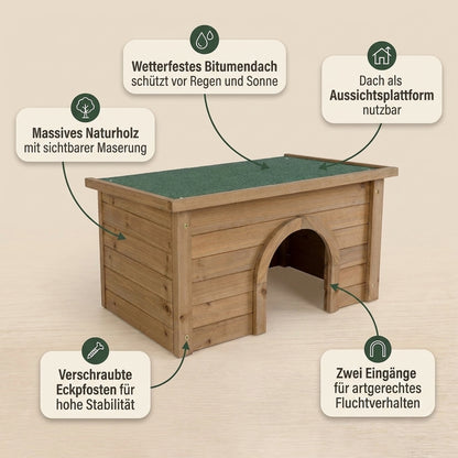 Nagerglück Nagerhaus Holz für Kaninchen & Meerschweinchen, Kaninchenhaus mit Bitumendach, Nagerhaus Outdoor & Indoor, Rückzugshaus mit 2 Eingängen und begehbarem Dach - Position 2