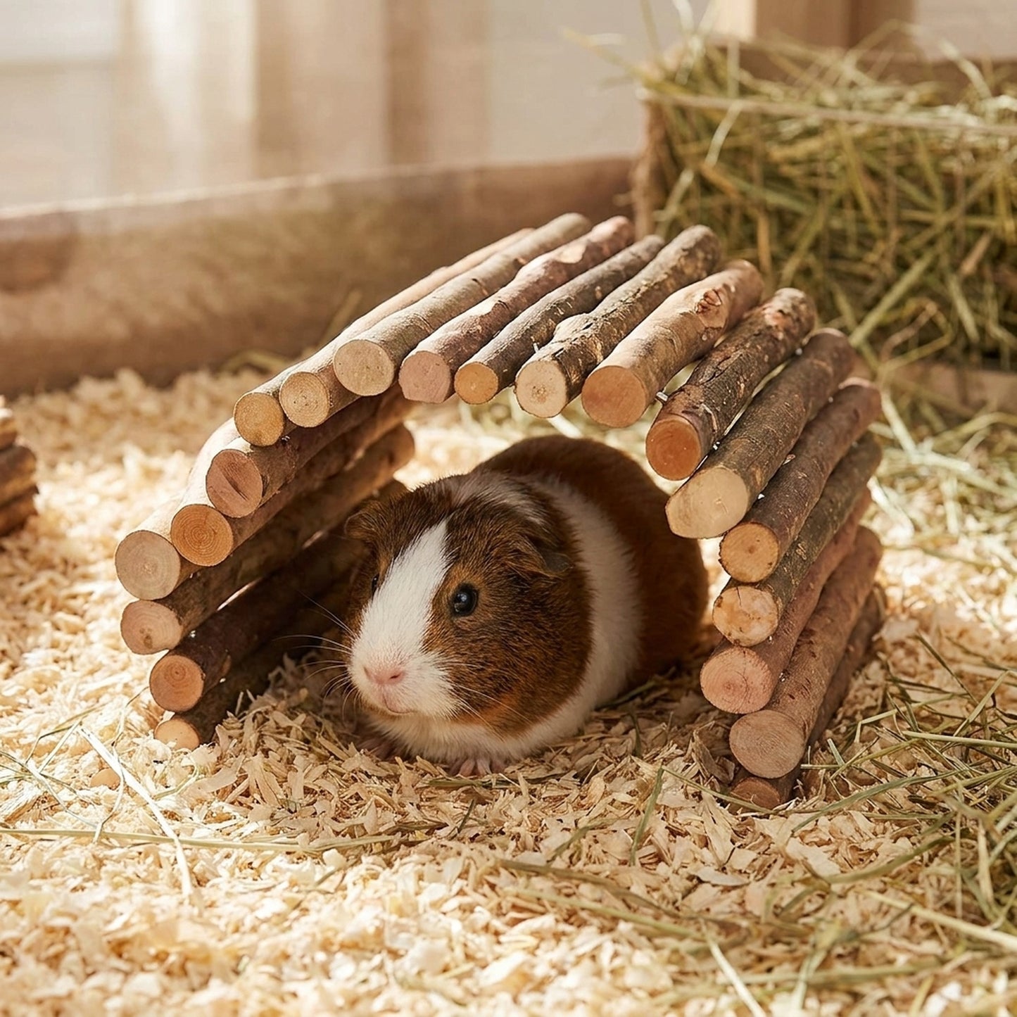 Nagerglück Flexible Holzbrücke für Kleintiere 50x30 cm, biegbare Nagerbrücke aus Rindenholz für Kaninchen, Meerschweinchen, Hasen, Hamster und Ratten, Klettersteg & Tunnel fürs Gehege - Position 3