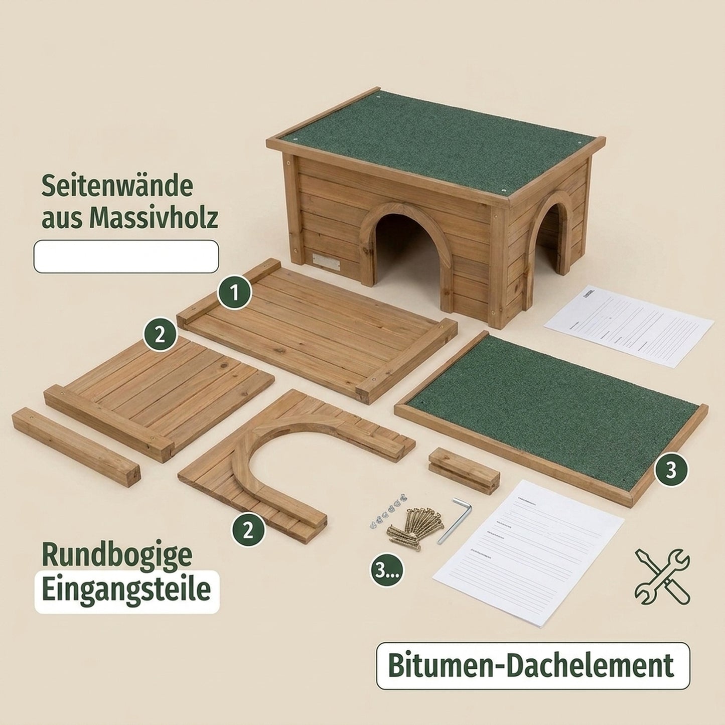 Nagerglück Nagerhaus Holz für Kaninchen & Meerschweinchen, Kaninchenhaus mit Bitumendach, Nagerhaus Outdoor & Indoor, Rückzugshaus mit 2 Eingängen und begehbarem Dach - Position 6
