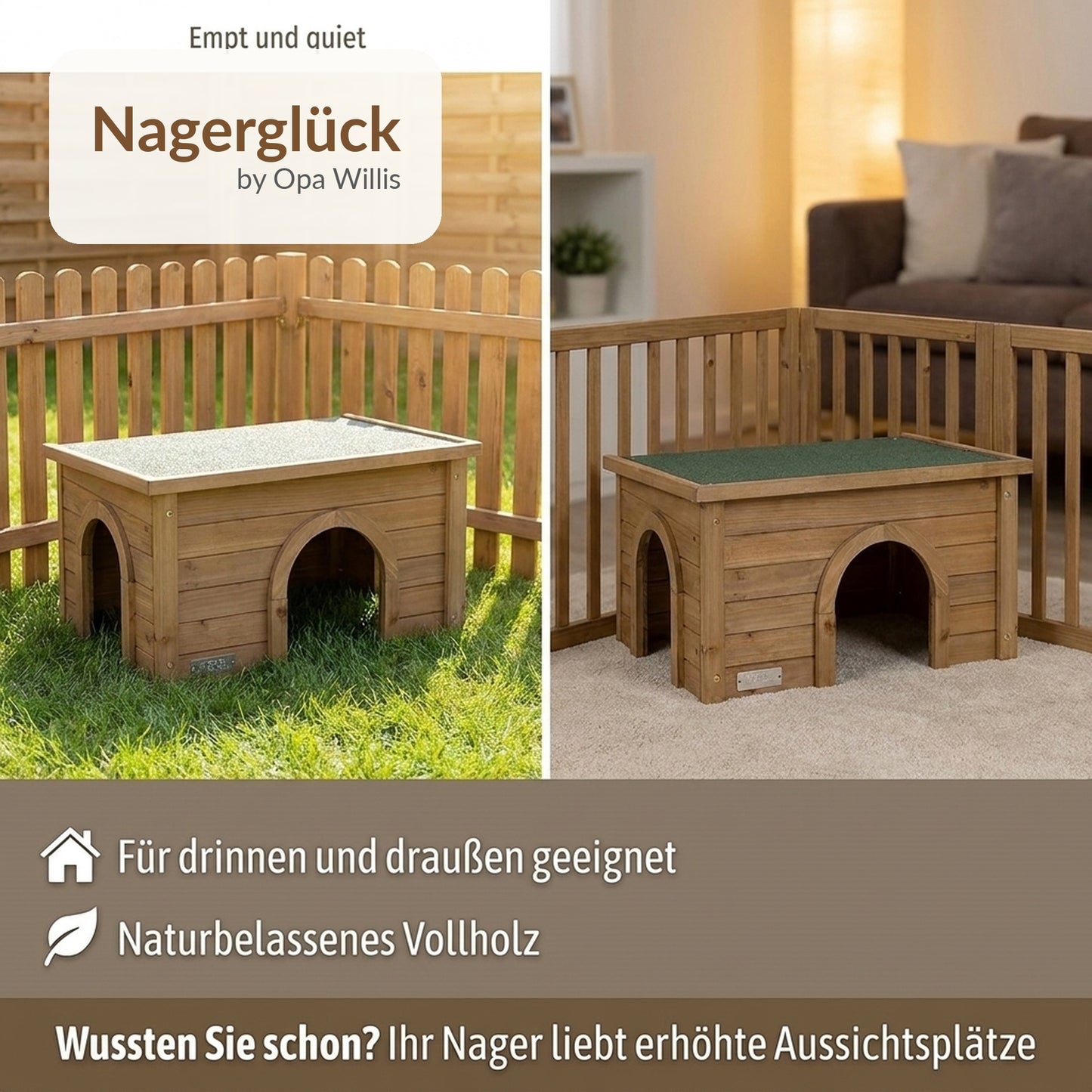 Nagerglück Nagerhaus Holz für Kaninchen & Meerschweinchen, Kaninchenhaus mit Bitumendach, Nagerhaus Outdoor & Indoor, Rückzugshaus mit 2 Eingängen und begehbarem Dach - Position 7